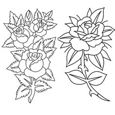 two flowers are shown in black and white, one is drawn with the line art technique