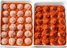 two dishes filled with meatballs covered in tomato sauce and another dish full of meatballs covered in tomato sauce