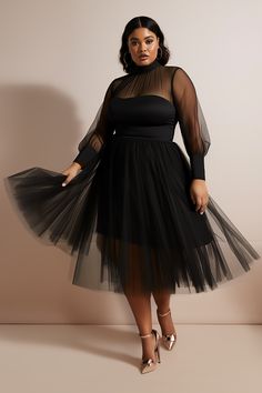 Xpluswear Design Plus Size Party Midi Dresses Elegant Black Fall Winter Mock Neck Tulle Long Sleeve See Through Mesh Midi Dresses [Pre-Order] Plus Size Party, Midi Dress Elegant, Black Mock Neck, Plus Size Cocktail Dresses, Look Formal, Plus Size Party Dresses, Midi Dress Party, Dresses Ideas, Dresses Elegant