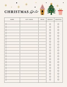 a christmas list is shown in the middle of a white sheet with trees and presents on it