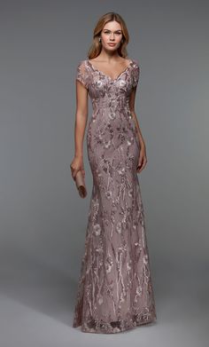 This form-fitted trumpet silhouette dress from Alyce Paris 27533 showcases delicate lace with shimmering sequins throughout, a v-neckline and back. Its exquisite design and flattering silhouette make it the perfect choice for any formal occasion, allowing you to make a bold and sophisticated statement. Rosewood Color, Paris Model, Bride Gown