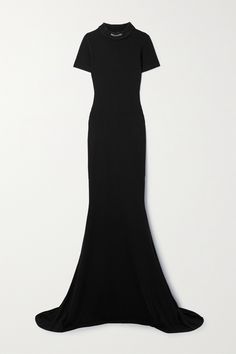 Balenciaga's maxi dress combines streetwear and eveningwear into one unique silhouette. Made from stretch-cotton jersey that feels thick and sculpting, it has short sleeves and a distressed turtle neckline embroidered with a neat logo. Balance the floor-sweeping hem with the label's tall 'Knife' pumps. Luxury Fitted Full Length Maxi Dress, Elastane Maxi Dress With Flattering Silhouette, Flattering Elastane Maxi Dress, Luxury Fitted Maxi Dress, Luxury Fitted Long Dress, Black Floor-length Elastane Dress, Fitted Long Luxury Dress, Long Fitted Luxury Dress, Floor-length Elastane Maxi Dress For Evening