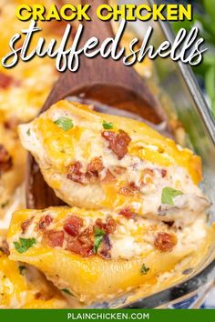 two cheesy stuffed shells in a casserole dish with text overlay