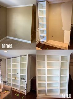 before and after shots of a living room with built - in bookcases painted white