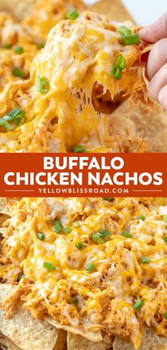 buffalo chicken nachos with melted cheese and green onions on top are being held up to the camera