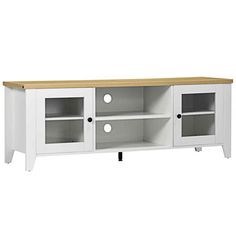 a white entertainment center with two doors and shelves on one side, an oak top