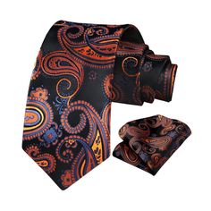 Paisley Floral Tie Handkerchief Set - BLACK/ORANGE Classic Black Pocket Square, Black Fitted Tie With Pocket Square, Black Suit And Tie Accessories With Pocket Square, Classic Black Neckwear As A Gift, Classic Black Neckwear For Gift, Classic Black Neckwear Gift, Silk Crafts, Business Party, Paisley Tie