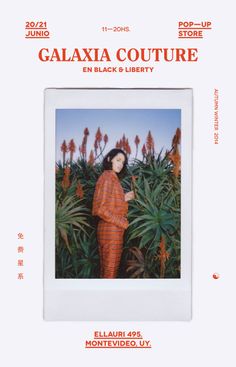 a woman standing in front of plants with the caption galaxa couture en black & liberty