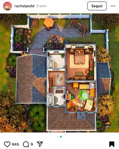 an aerial view of a house with the floor plan in place to make it look bigger