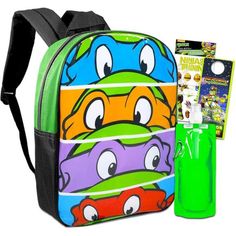 Tmnt Backpack For Boys - Bundle With 15” Teenage Mutant Ninja Turtles Backpack Kids, Water Pouch, Stickers, More | Tmnt School Supplies For Boys 4-8. This Teenage Mutant Ninja Turtles School Backpack Features Adjustable Shoulder Straps, Zip Closure Compartment, And Top Loop For Hanging Featuring Colorful New Artwork Of The Teenage Mutant Ninja Turtles. The Tmnt Backpack Measures Approximately 15" X 12" X 5". This Tmnt Backpack For Kids Has Plenty Of Space For Tmnt Folders, Notebooks, And Books. Fun Green Backpack For Back To School, Fun Green School Backpack, Green Standard Backpack, Multicolor Backpack For End Of School Year Outdoor Activities, Ninja Turtle Backpack, Cartoon Nickelodeon, Dog Purse, Christmas Stocking Gifts, Kids Water