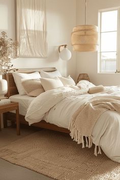 a bed with white linens and pillows in a room next to a window,