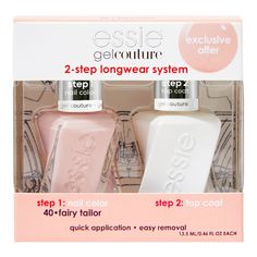 essie gel couture is a gel-like finish, longwear polish that lasts up to 14 days *at home in 2 easy steps. *reapplication of top coat at day 7 Essie gel couture long-lasting mani kit, vegan, pink, top coat, Fairy Tailor Kit, 1 kit; Essie Gel Couture Fairy Tailor Kit - sheer pink longwear nail polish and a shiny long-lasting top coat Gel-like nail polish that lasts up to 14 days in two easy steps Step one apply two coats of gel couture to clean, bare nails; step two seal with gel couture top coat Essie Gel Couture Top Coat, Bare Nails, Couture Top, Essie Gel Couture, Gel Couture, Essie Gel, Vegan Nail Polish, Uv Lamp, Couture Tops