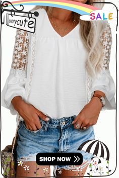 White Lace Hollow-out Flare Sleeve V Neck Blouse V Neck Blouse, Women Tops, Flared Sleeves, Ladies Tops Fashion, White Lace, Top Blouse, Blouses, V Neck, Lace