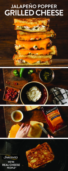 grilled cheese sandwiches stacked on top of each other with sauces and condiments