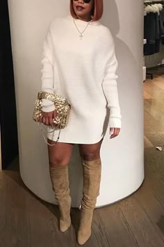 Timeless Fashion Pieces, White Sweater Dress, Mini Sweater, Mini Sweater Dress, Warm Outfits, White Sweater, Fall Fashion Outfits, Winter Fashion Outfits, Thigh High Boots