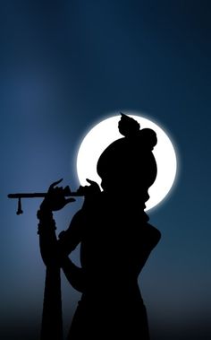 the silhouette of a person holding a trumpet in front of a full moon