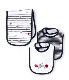 three bibs with different designs on them