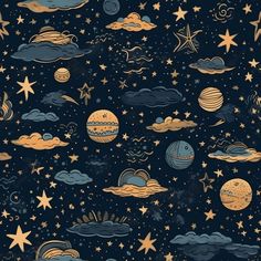 an image of the sky with stars and planets on it, as well as clouds