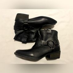 Krbonell Western Style Footwear Leather Harness Ankle Boots Pull On Size 9 Black Color Nwob Edgy Ankle-high Moto Boots For Fall, Western Black Moto Boots With Buckle Closure, Black Western Boots With Buckle Closure, Black Western Ankle-high Heeled Boots, Black Ankle-high Moto Boots For Fall, Black Western Moto Boots For Fall, Black Moto Boots With Stacked Heel For Fall, Black Western Booties For Fall, Black Booties With Buckle Closure For Fall