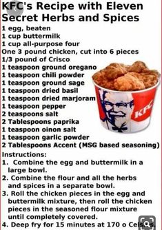 an advertisement for kfc's recipe with eleven secret herbs and spices