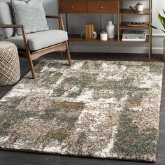 a living room area with a chair and rug on the floor, two plants in vases