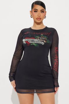 Available In Black. Mini Dress Crew Neckline Long Sleeves Ed Hardy Graphics Front Screen Stretch Disclaimer: Due To The Printing Process A Difference In Saturation May Occur. Each Garment Is Unique. Shell: 95% Polyester 5% Spandex Lining: 100% polyester Imported | Ed Hardy Love Mini Dress in Black size Medium by Fashion Nova Ed Hardy Dress, Ed Hardy Aesthetic, Unique Mini Dresses, Y2k Aesthetic Outfits, Ed Hardy, Popular Outfits, Mini Black Dress, Streetwear Fashion, Fashion Nova