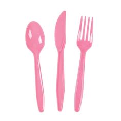 three pink plastic utensils and one fork