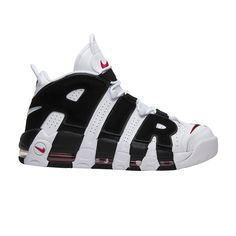 Find NIKE Air More Uptempo 'scottie Pippen on Editorialist. While never truly a Scottie Pippen signature per se, the Nike Air More Uptempo has always been his shoe. The Air More Uptempo 'Scottie Pippen' colorway features a white leather upper with black 'AIR' branding and red accents. Released in June of 2017, the design also includes a full-length visible Air unit and pays tribute to Pippen with an embroidered 'PIP' on the heel. Nike Air Uptempo, Nike Air More Uptempo, Nike Air More, Buy Sneakers, Scottie Pippen, Flight Club, Rare Nikes, Nike Jordan Retro, Exclusive Sneakers