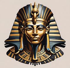 an egyptian mask is shown in gold and blue colors on a beige background with the head of pharaoh tutane