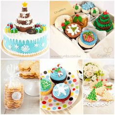 a collage of cakes, cookies and cupcakes