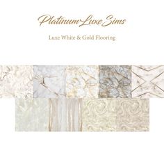 white and gold marble tiles with the words, luxury lake sands on it's side