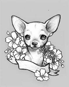 a drawing of a chihuahua with flowers in its mouth