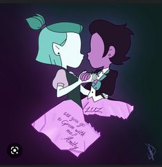 two cartoon characters kissing each other in front of a black background with pink and blue colors