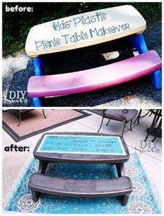 a bench that has been painted pink, blue and white with the words kids plastic picnic table makeover on it