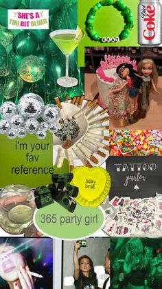 a collage of photos with green and white decorations, drinks, and candies