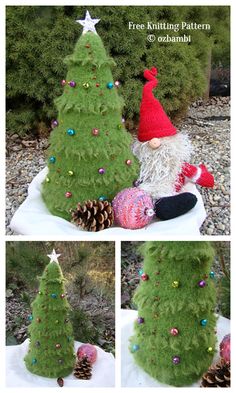 three pictures of a christmas tree made out of fake pine cones and other things to decorate it