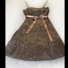 Windsor Brown Satin A Line Dress With Off White, Pale Pink And Light Brown Polka Dots. Attached Tulle Petircoat Brown Satin Dress, Brown Polka Dots, Brown Satin, Windsor Dresses, Pale Pink, Light Brown, Satin Dresses, A Line Dress, Off White