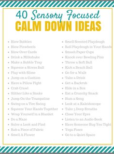 a list with the words calm down ideas in yellow, blue and green on it