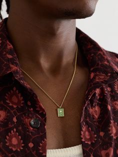 PATTARAPHAN's designs are handcrafted in Bangkok in small-batch runs, so each piece is quite unique. Cast from 14-karat gold, this 'Chata' necklace has an ID-tag pendant set with a checkerboard of pavé emeralds. It can be fastened at two points to suit the neck of different outfits. Luxury Brass Jewelry For Gift, Luxury Brass Jewelry Gift, Handmade Yellow Gold Necklace With Rectangular Pendant, Unique Yellow Gold Locket Necklace, Rectangular Gold Artisan Jewelry, Green Recycled Gold Jewelry For Gift, Artisan Rectangular Gold Jewelry, Luxury Green Flower Pendant Jewelry, Artisan Yellow Gold Medallion Jewelry