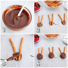 4 step photo collage showing how to make reindeer with Reese cups and pretzels Reese Cups, Easy Christmas Candy, Reindeer Treats, Christmas Candy Easy, Easy Christmas Candy Recipes, Pumpkin Dip, Candy Eyeballs, Its Christmas Eve, Reeses Cups