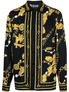 Made In Italy Luxury Long Sleeve Gold Shirt, Luxury Long Sleeve Gold Top, Luxury Gold Long Sleeve Top, Luxury Formal Shirt With Baroque Print, Gold Long Sleeve Shirt With Graphic Print, Luxury Baroque Print Formal Shirt, Luxury Long Sleeve Tops With Baroque Print, Long Sleeve Gold Tops With Baroque Print, Formal Gold Tops With Baroque Print