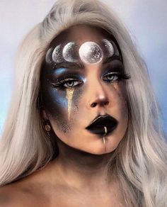 Nyx Goddess Makeup Looks, Out Of This World Makeup Ideas, Celestial Goddess Makeup, Creative Fantasy Makeup, Eclipse Makeup Ideas, Night Sky Makeup Look, Full Moon Makeup, Moon Goddess Makeup Halloween, Cosmic Witch Makeup