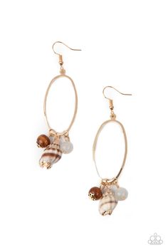 A gilded seashell, earthy wooden bead, and glassy white stone bead glide along the bottom of a glistening gold oval, creating a refined beach inspired fringe. Earring attaches to a standard fishhook fitting.

 Sold as one pair of earrings. Seashell Accessories, Gold Oval Earrings, Paparazzi Accessories Jewelry, Fringe Earring, Seashell Earrings, Seashell Jewelry, Ocean Jewelry, Oval Earring, Fish Hook Earrings