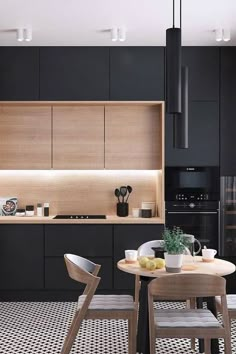 a kitchen with black and white tile flooring and wooden cabinetry on the wall