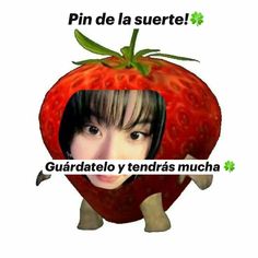 the girl is wearing a helmet and has a large strawberry on her head that says, pin de la suerte