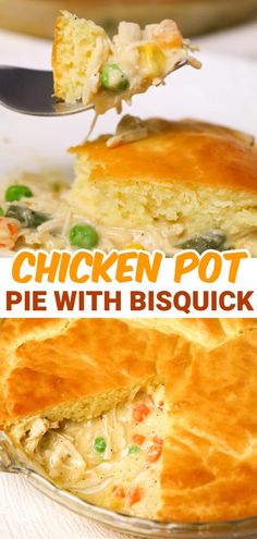 a chicken pot pie with biscuit crust is being lifted from the casserole