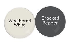 two black and white buttons with words that read weathered, cracked, and pepper on them