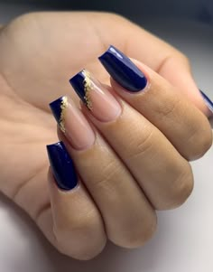 Navy Nails Design, Blue Gold Nails, Blue Prom Nails, Blue Gel Nails, Navy Nails, Formal Nails, Blue Acrylic Nails, Gold Nail