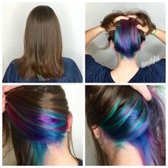 Rainbow peekaboo Vibrant Hair Color Peekaboo, Color Peekaboo Highlights, Hair Color Ideas Peekaboo, Hair Color Peekaboo, Rainbow Peekaboo, Highlights In Brown Hair, Italy Hair, Vibrant Hair Color, Peekaboo Color