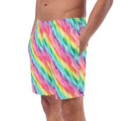 Upgrade your swimwear collection with our Men's Swim Trunks, designed for ultimate comfort and style. Whether you're swimming, surfing, or working out, these versatile trunks are perfect for any activity. Available in over 300 unique designs, each with vibrant prints that never fade 🌈. The quick-drying, four-way stretch microfiber fabric keeps you comfortable and dry, while the silky anti-chafe inner liner ensures all-day comfort 🏖️. With pockets for your essentials and a small inside pocket f Pastel Shorts, Surf Shorts, Swimming Trunks, Mens Swim Trunks, Beach Pool, Swimwear Collection, Pastel Rainbow, Rainbow Stripes, Vibrant Prints